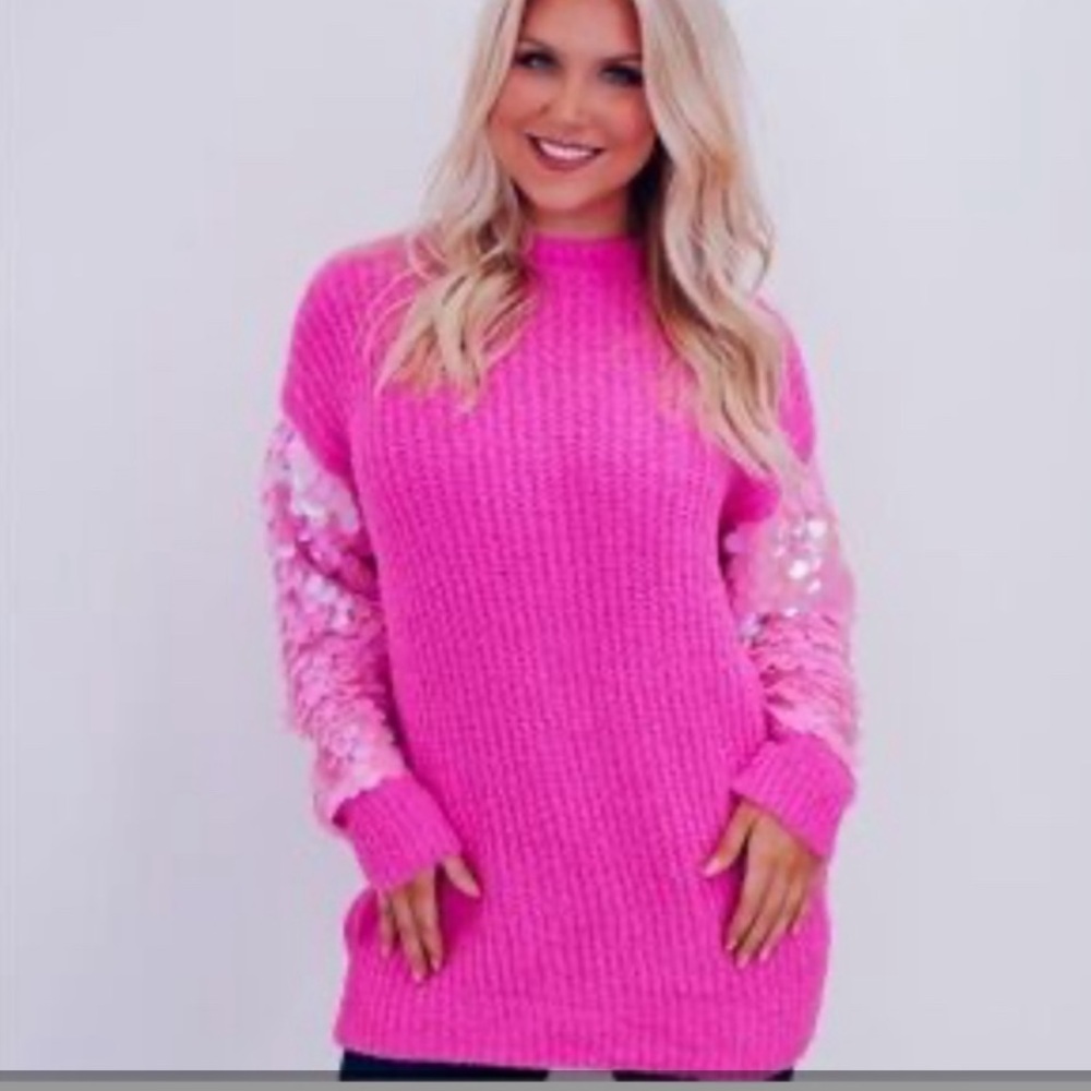 Dave & Dani Pink Sweater with Sequin Sleeves
